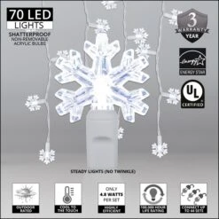 Snowflake Cool White LED Icicle Lights 7 Ft. Lighted Length, 70 Lights -Xmas Lights Store Snowflake CW led icicle lights feature graphic