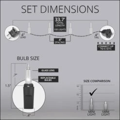 100 Clear Christmas Tree Mini Lights, 4" Spacing, Green Wire -Xmas Lights Store Standard 100 Mini Lights 33ft 4 4 4 5 Dimensions