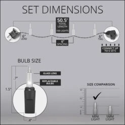 100 Clear Christmas Tree Mini Lights, 6" Spacing, White Wire -Xmas Lights Store Standard 100 Mini Lights 50ft 6 6 6 5 Dimensions 1