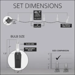 140 Multi Color Chasing Mini Lights, 4" Spacing, Green Wire -Xmas Lights Store Standard Chasing 140 Mini Lights 46ft Dimensions