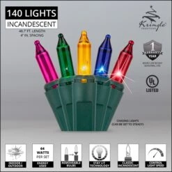 140 Multi Color Chasing Mini Lights, 4" Spacing, Green Wire -Xmas Lights Store Standard Chasing Multicolor 140 Mini Lights 46ft Green Wire Feature Graphic