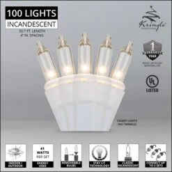 100 Clear Christmas Tree Mini Lights, 4" Spacing, White Wire -Xmas Lights Store Standard Clear 100 Mini Lights 33ft White Wire Feature Graphic