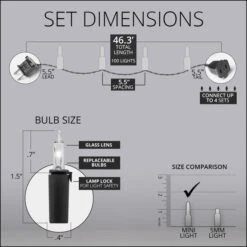 100 Viviluxe TM Clear Christmas Mini Lights, 5.5" Spacing, White Wire -Xmas Lights Store Viviluxe 100 Mini Lights 46ft Dimensions