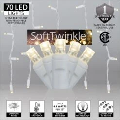 5mm Warm White SoftTwinkle LED Icicle Lights 7 Ft. Lighted Length, 70 Lights 12 5mm Warm White SoftTwinkle LED Icicle Lights 7 Ft. Lighted Length, 70 Lights -Xmas Lights Store Warm White SoftTwinkle Icicle Features