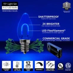 C7 Blue FlexFilament Commercial LED Shatterproof Vintage Christmas String Lights -Xmas Lights Store feature comm string lights c7 led flexfilament blue shatterproof 15ct 15ft