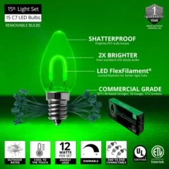 C7 Green FlexFilament Commercial LED Shatterproof Vintage Christmas String Lights -Xmas Lights Store feature comm string lights c7 led flexfilament green shatterproof 15ct 15ft