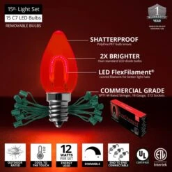 C7 Red FlexFilament Commercial LED Shatterproof Vintage Christmas String Lights 11 C7 Red FlexFilament Commercial LED Shatterproof Vintage Christmas String Lights -Xmas Lights Store feature comm string lights c7 led flexfilament red shatterproof 15ct 15ft