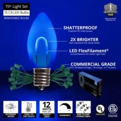 C9 Blue FlexFilament Commercial LED Shatterproof Vintage Christmas String Lights -Xmas Lights Store feature comm string lights c9 led flexfilament blue shatterproof 15ct 15ft