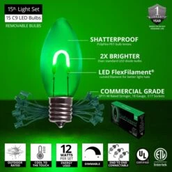 C9 Green FlexFilament Commercial LED Shatterproof Vintage Christmas String Lights -Xmas Lights Store feature comm string lights c9 led flexfilament green shatterproof 15ct 15ft