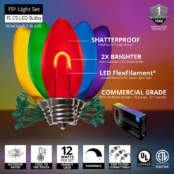 C9 Multicolor FlexFilament Commercial LED Shatterproof Vintage Christmas String Lights 11 C9 Multicolor FlexFilament Commercial LED Shatterproof Vintage Christmas String Lights -Xmas Lights Store feature comm string lights c9 led flexfilament multicolor shatterproof 15ct 15ft