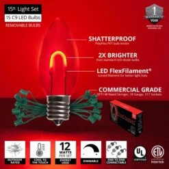 C9 Red FlexFilament Commercial LED Shatterproof Vintage Christmas String Lights -Xmas Lights Store feature comm string lights c9 led flexfilament red shatterproof 15ct 15ft