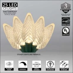 C9 Warm White LED Christmas Lights 25 Lights, 17 Feet 12 C9 Warm White LED Christmas Lights 25 Lights, 17 Feet -Xmas Lights Store feature led prelamped c9 wintergreeen lighting warm white 25ct 8in