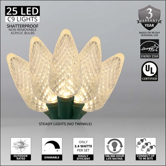 C9 Warm White LED Christmas Lights 25 Lights, 17 Feet 5 C9 Warm White LED Christmas Lights 25 Lights, 17 Feet - Image 3
