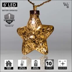 Wintergreen Lighting&reg Battery Operated LED Iridescent Gold Glass Star String Lights, 10 Warm White Lights -Xmas Lights Store feature1 led battery operated iridescent glass gold star 10 warm white light
