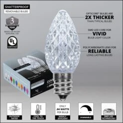 C7 Cool White OptiCore LED Christmas Light Bulbs -Xmas Lights Store pticore C7 faceted CW LED bulb features badges