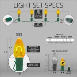 C7 Gold FlexFilament Commercial LED Shatterproof Vintage Christmas String Lights -Xmas Lights Store spec comm string lights c7 led flexfilament gold shatterproof 15ct 15ft