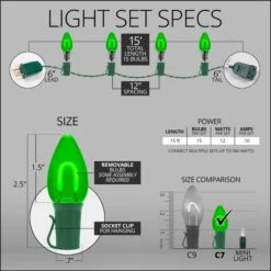 C7 Green FlexFilament Commercial LED Shatterproof Vintage Christmas String Lights -Xmas Lights Store spec comm string lights c7 led flexfilament green shatterproof 15ct 15ft
