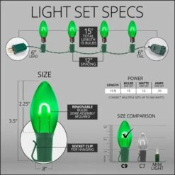 C9 Green FlexFilament Commercial LED Shatterproof Vintage Christmas String Lights -Xmas Lights Store spec comm string lights c9 led flexfilament green shatterproof 15ct 15ft