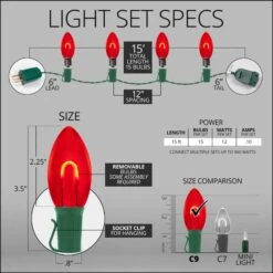 C9 Red FlexFilament Commercial LED Shatterproof Vintage Christmas String Lights -Xmas Lights Store spec comm string lights c9 led flexfilament red shatterproof 15ct 15ft