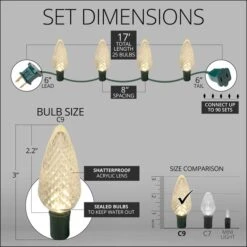 C9 Warm White LED Christmas Lights 25 Lights, 17 Feet 13 C9 Warm White LED Christmas Lights 25 Lights, 17 Feet -Xmas Lights Store spec led prelamped c9 wintergreeen lighting warm white 25ct 8in