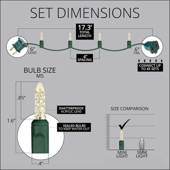 M5 Warm White LED Christmas Lights 50 Lights, 17.3 Feet 8 M5 Warm White LED Christmas Lights 50 Lights, 17.3 Feet - Image 6