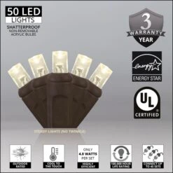 5mm Warm White LED Christmas Lights, Brown Wire -Xmas Lights Store wgl 5mm led string light BW 50ct warm white support graphic